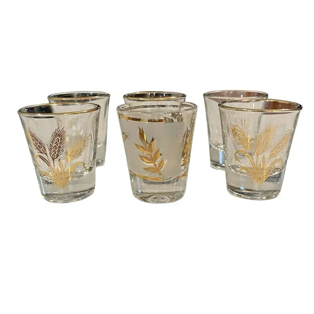 Vintage MCM Shot Glasses Set of 6 Anchor Hocking and Libbey Clear & Gold Wheat